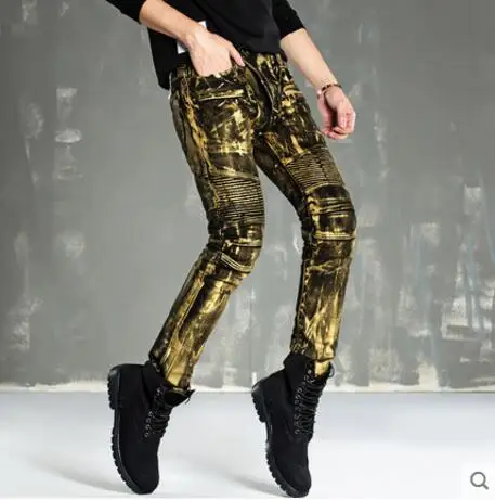 

2020 spring and autumn new fashion casual pleated fold stitching personality jeans male trend motorcycle locomotive long pants