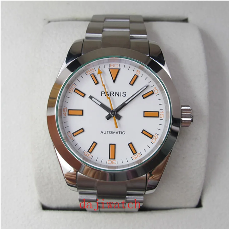 PARNIS 40 мм белый циферблат механические мужские часы браслет из нержавеющей стали
