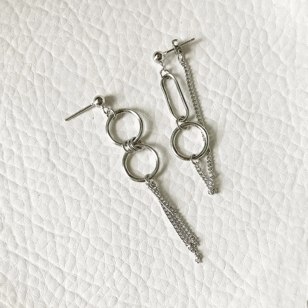 

Punk asymmetry Earrings 100% Authentic 925 Sterling silver personality Circle geometric Tassel Long Earrings Fine jEWELRY E157