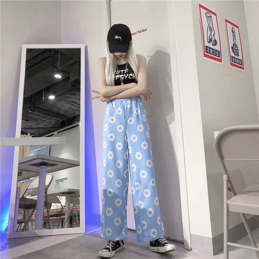 Оранжевый цвет: черный, синий с рисунком в виде ромашек и бандана Kawaii Boho строка Высокая талия карман свободного кроя в стиле «Лолита»; сезон лето брюки корейский брюки Харадзюку Для женщин Симпатичные