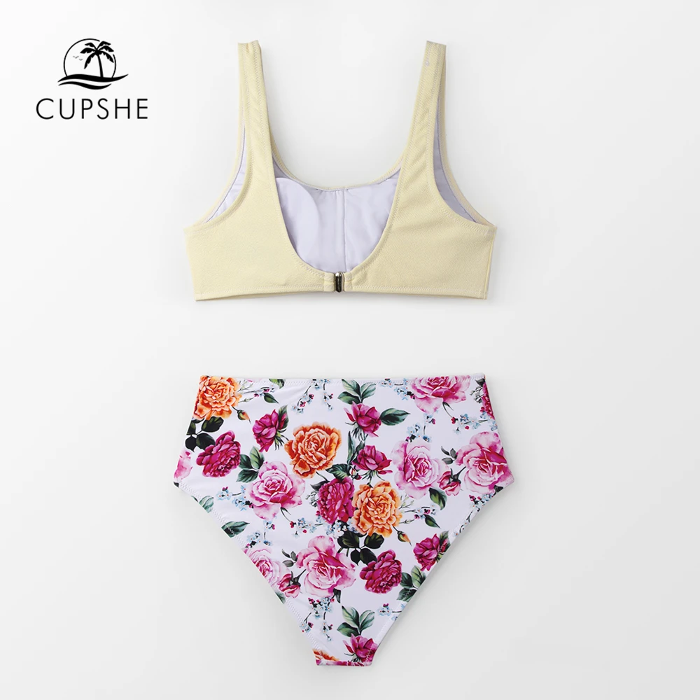 CUPSHE, Одноцветный, с завязками спереди, на бретелях и с цветочным рисунком, с высокой талией, бикини, наборы,, для женщин, Boho, на пуговицах, два предмета, купальники