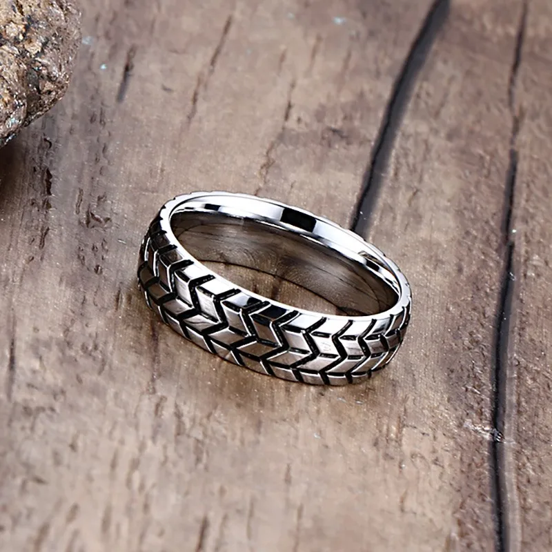 BIG J.W Unique Tire Tread Style Grooved Ring Statement Stainless Steel Men Rings Women Silver Color Punk Boy Jewelry | Украшения и