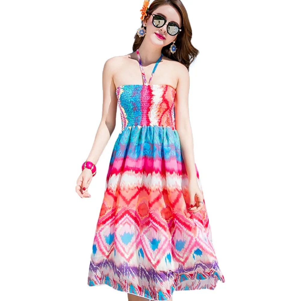 17B70 женщин Лето Пляж Повседневный Шифон Контрастность Цвет Два Износ Spaghetti Strap