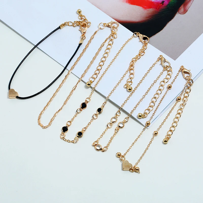 5PCS Set Ankle Bracelet Chains Gold Heart Love Charms Bohemian Boho Leg Bracelets For Women Anklet Foot Accessories Vintage 2019 | Украшения