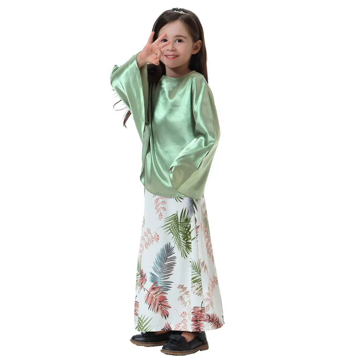 

Satin Girl Bat Sleeve Dress Printed Kid Muslim Abaya Dubai Islamic ramadan Arab Children thobe Erkek Giyim Ropa Hombre VKSU1034