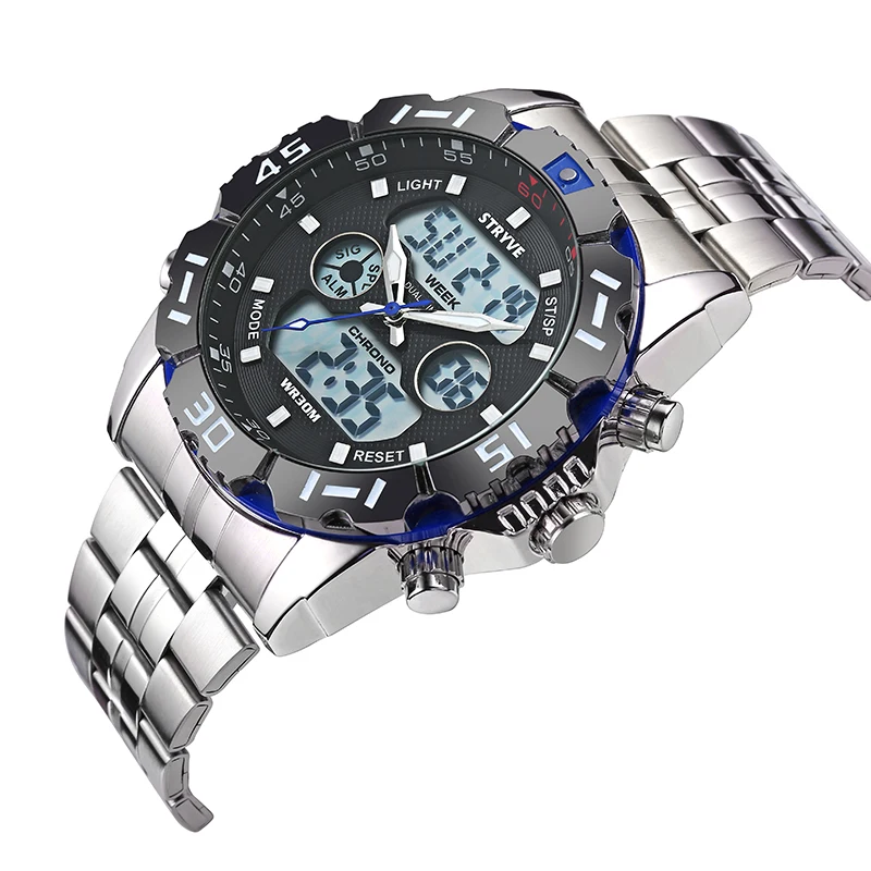 Stryve 811 Brand Men's Sports Watch 3ATM Waterproof LED Quartz Dual Display Military Stainless Steel Band Men's Watches Hot Sale