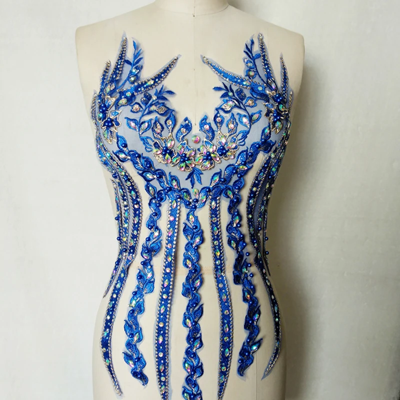 1Piece Sew On Rhinestone Applique Lace Fabric Yellow Red Blue Green Patch Neckline For Wedding Dress | Дом и сад