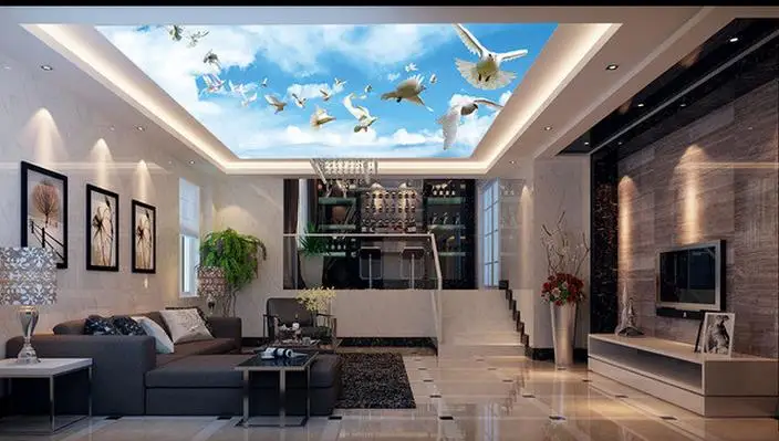 Обои 3d потолок голубое небо белые облака Летающий Голубь украшение потолка