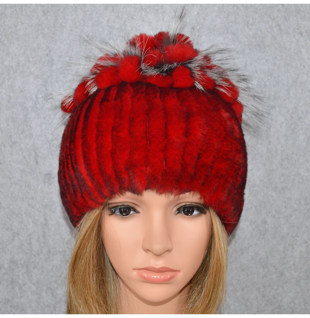 Горячая Распродажа Настоящий мех кролика Skullies Beanies шапки женские зимние теплые ручной работы вязаная шапка из меха кролика рекс шапки для девочек натуральный мех