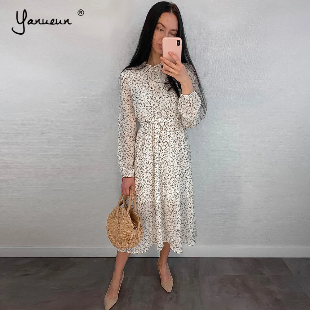 Yanueun 2019 Весна Лето Горячая стильная Цветочная Печать платья с длинным рукавом