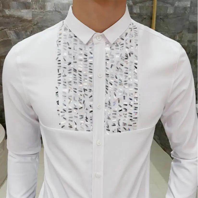 Мужская кружевная приталенная рубашка с блестками Повседневная длинным рукавом