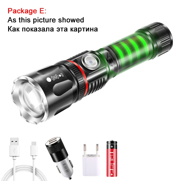 Package E Светодиодный фонарик с зарядкой от usb, самый мощный, окружающий COB светильник+ задний магнит, дизайн с поддержкой зума, 4 режима освещения, водонепроницаемый фонарь - Испускаемый цвет: Package E