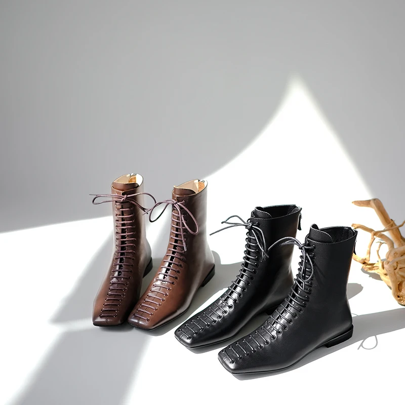 Осенние байкерские ботинки ISNOM женские с квадратным носком и перекрестной