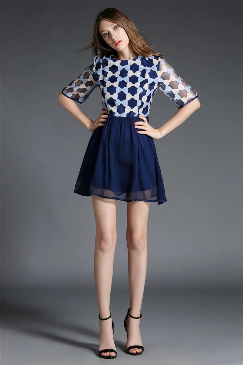 Платье шифон лето тёмно-синий узор в горошек платья одежда женщины свободного