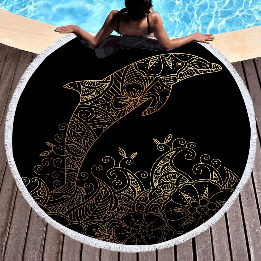 

Round Dolphin Pattern Print Beach Towel Diameter 150cm Microfiber Towel with Tassel Fringe Yoga Mat Adult Child