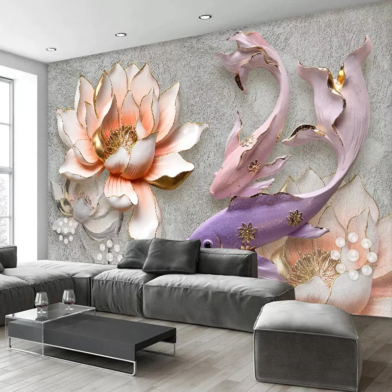 Пользовательские самоклеющиеся фотообои Lotus Fish 3D спальня гостиная диван ТВ фон украшение дома настенная живопись