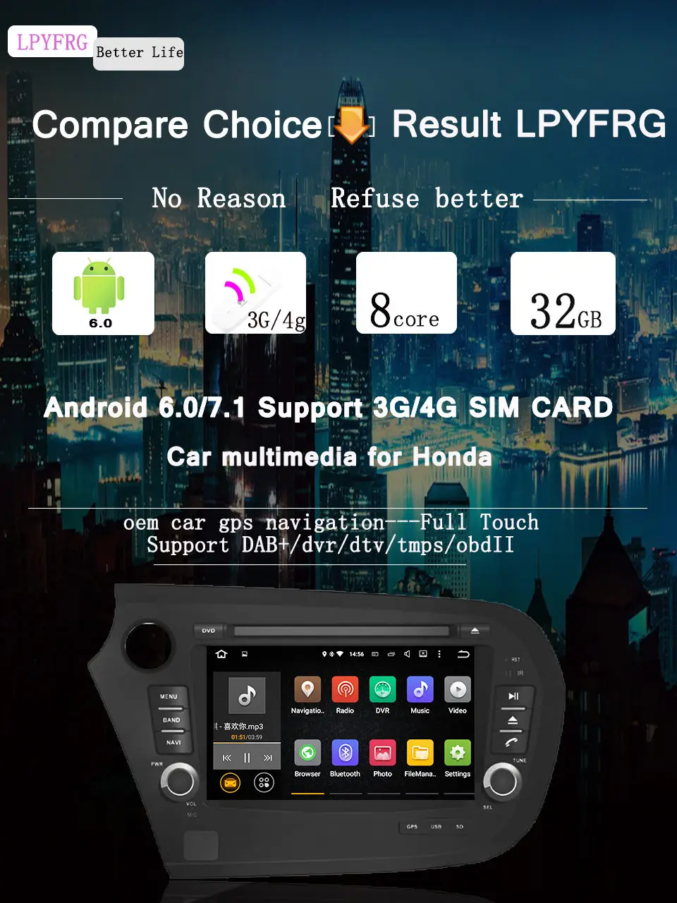 Android 7,1 Fit HONDA Insight 2010-17 автомобильный dvd-плеер с оперативной памятью 2G навигация gps Bluetooth радио головное устройство мультимедийная система 2din