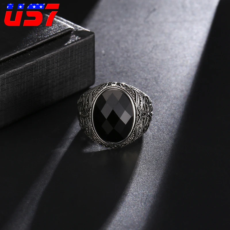 US7 Stainless Steel Obsidian Natural Stone Wedding Rings Punk Rock Finger Genuine Austria Ring For Men Women Sale Jewelry Gift
