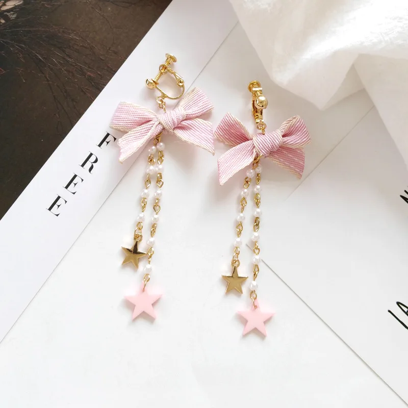 pink clip earring Серьги-клипсы на завязках с лентами и кружевным бантом-бабочкой без пирсинга, длинные жемчужные серьги на цепочке в форме звезды для женщин - Окраска металла: pink clip earring