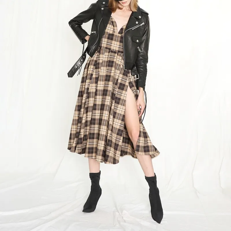 GALCAUR Summer Streetwear Plaid Hit Color Women Dress V Neck Spaghetti Strap High Waist Split Hem Mid Calf A-line Dresses 2019 | Женская