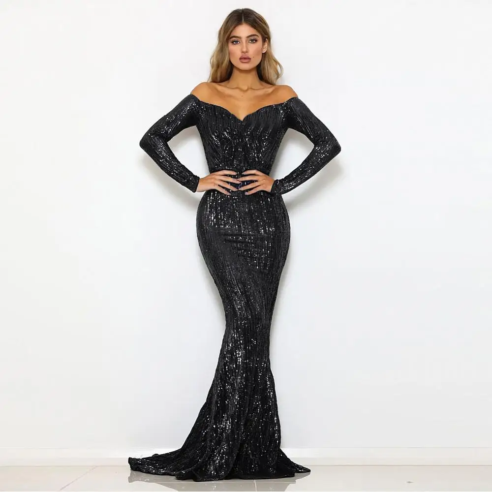 Вечернее Макси платье с вырезом лодочкой и длинными рукавами расшитое блестками