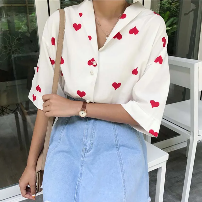 Летняя Корейская версия женской блузки рубашка на пуговицах с красным