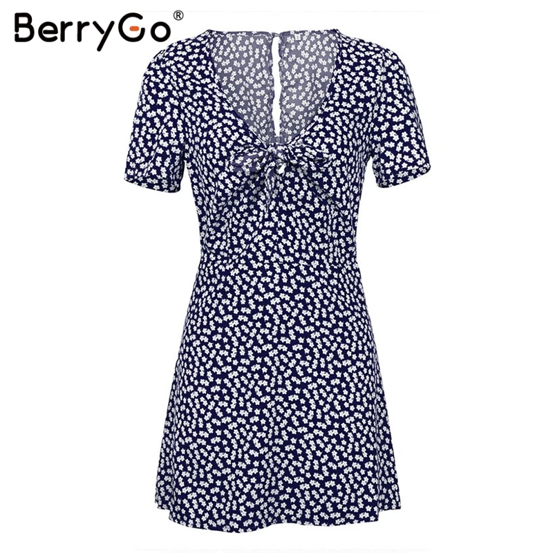 Платье мини женское с цветочным принтом V образным вырезом и коротким