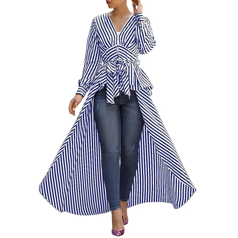 Женская блузка в полоску офисная с длинным рукавом и треугольным вырезом