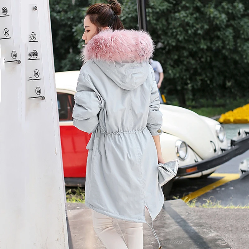 2018 Jacket Winter Oversize Long Hooded Fur Collar Coat Women Plus Thick Hood Warm Army Green Pink Coats | Женская одежда