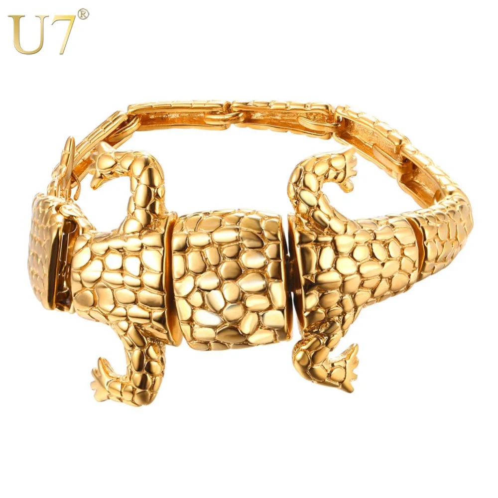 

U7 Gold Color Big lizard Bracelet Stainless Steel Men Jewelry Gift Reptile Animal Rock Punk Bracelets H1030