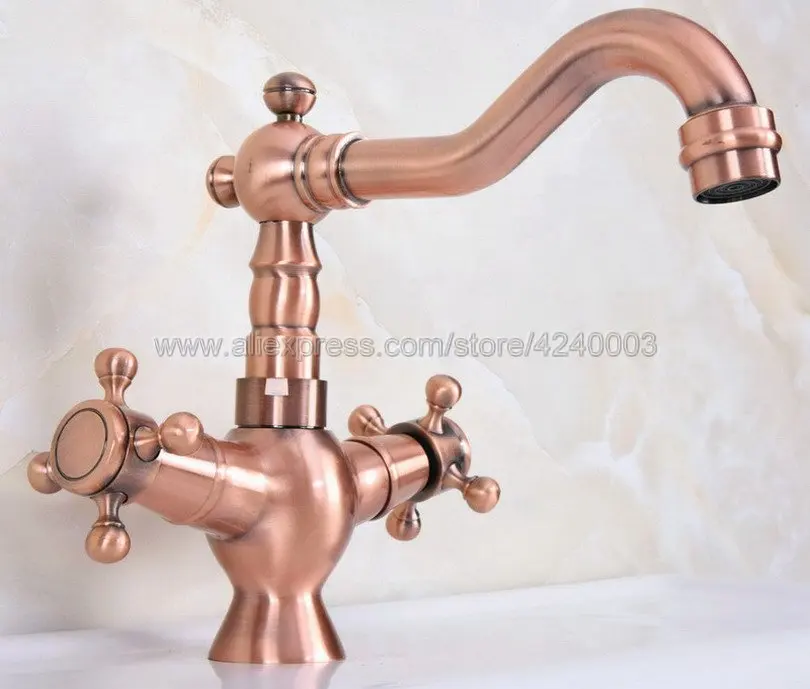 

Antique Red Copper Bathroom Dual Handle Basin Sink Faucet Single Hole Mixer Taps Deck Mounted Cold And Hot Water Tap Knf616