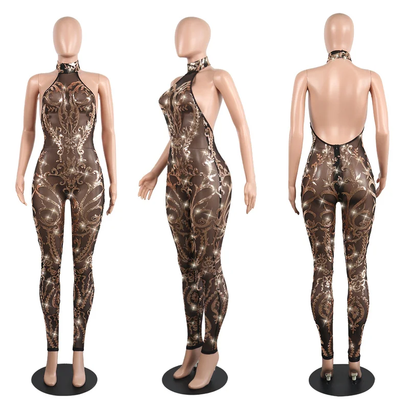 Женский сетчатый Облегающий комбинезон с блестками открытой спиной|Женские