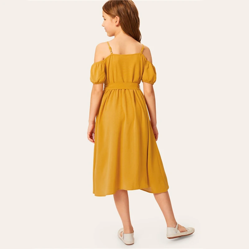 SHEIN/детское однотонное платье для девочек с открытыми плечами и одной пуговицей спереди, с поясом, платье в стиле бохо,, летние платья миди с короткими рукавами для отдыха