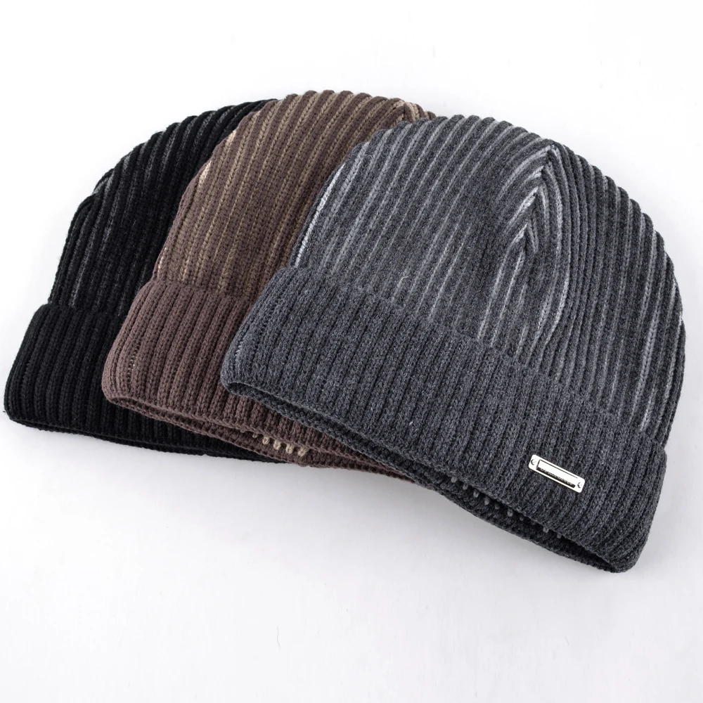 шапка зимняя мужская вязаная плюс бархатная бини толстые вязаные шапки для