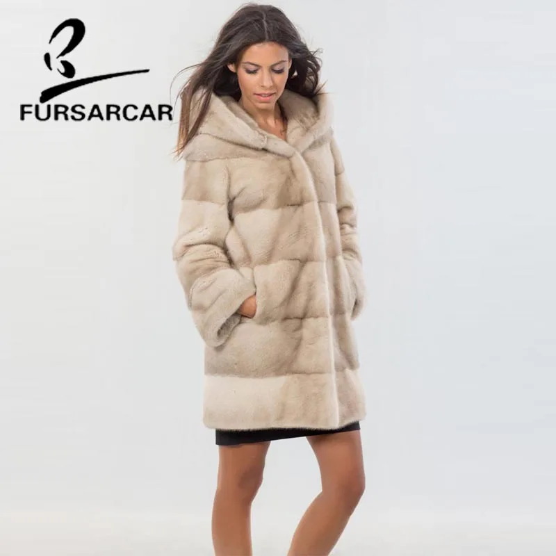 Женская Шуба из меха норки FURSARCAR зимняя шуба с капюшоном в английском стиле