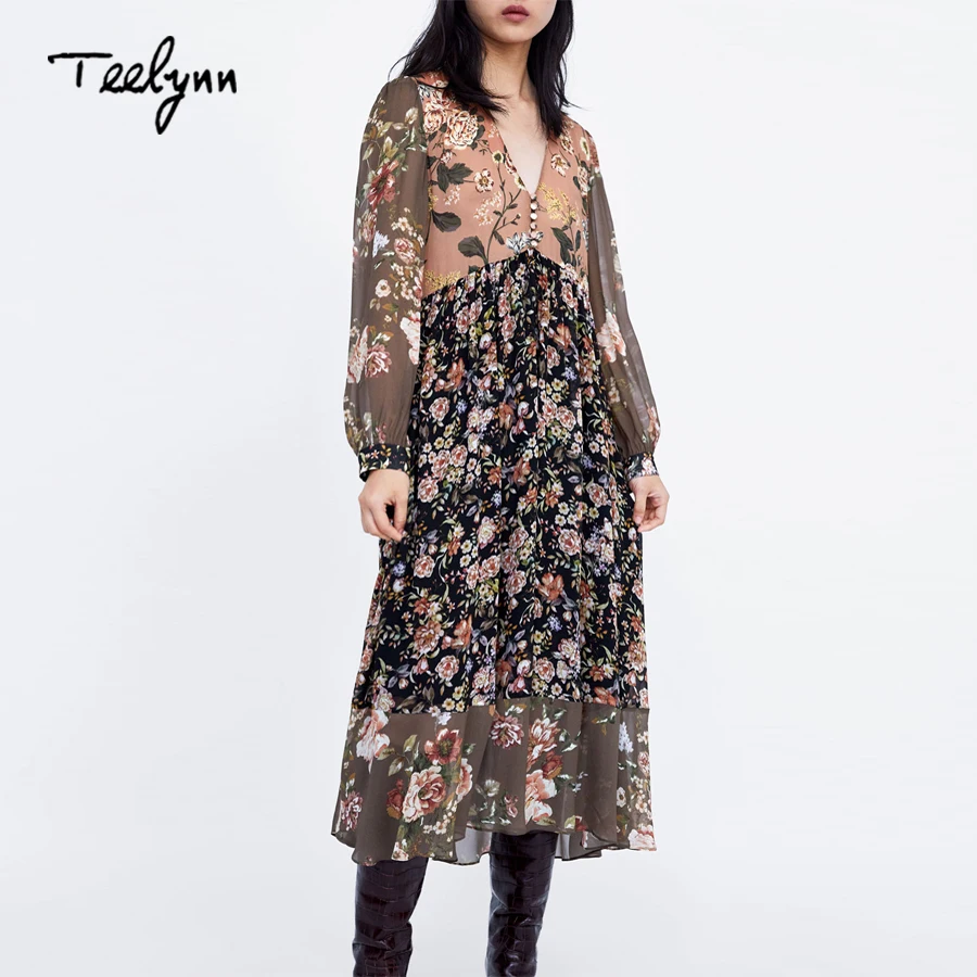 TEELYNN бохо платье для женщины старинные Осень цветочный принт шифона длинные