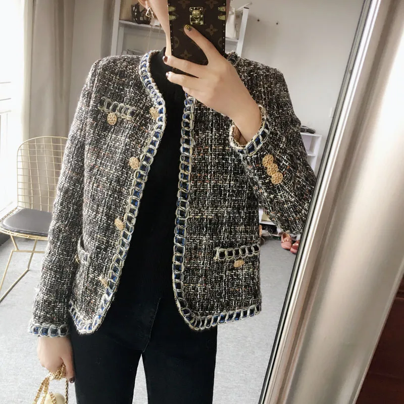 S~ 2XL Новое Элегантное женское весеннее/осеннее дизайнерское шерстяное твидовое пальто клетчатое вязаное приталенное короткое пальто с металлическими пуговицами шикарная OL Куртка