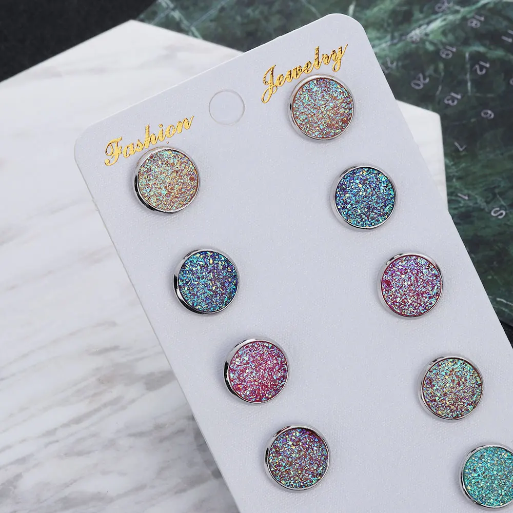 6 пар/ком2/femme, круглые серьги-гвоздики Druzy Quartz, блестящие прозрачные стразы, серьги-гвоздики, набор для женщин, очаровательные ювелирные изделия