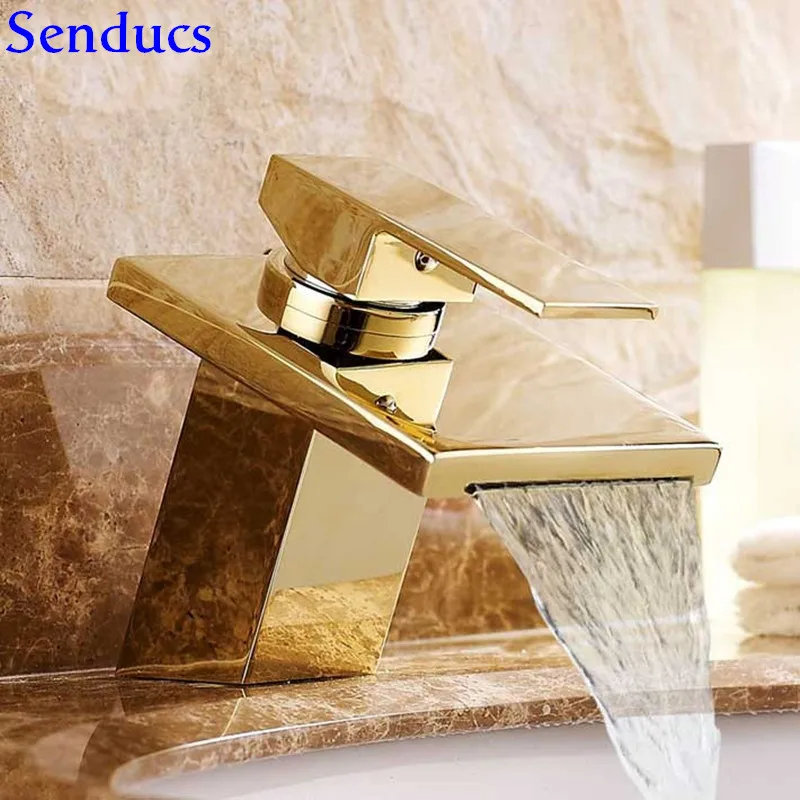 

Senducs Square Gold Bathroom Basin Faucet Deck Mounted Golden Basin Sink Faucet Newly Hot Cold Square Gold Bathroom Faucet