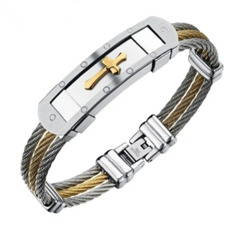 2018 Новый Для мужчин браслет 3 ряда Провода цепи Браслеты крест модные панк 316L