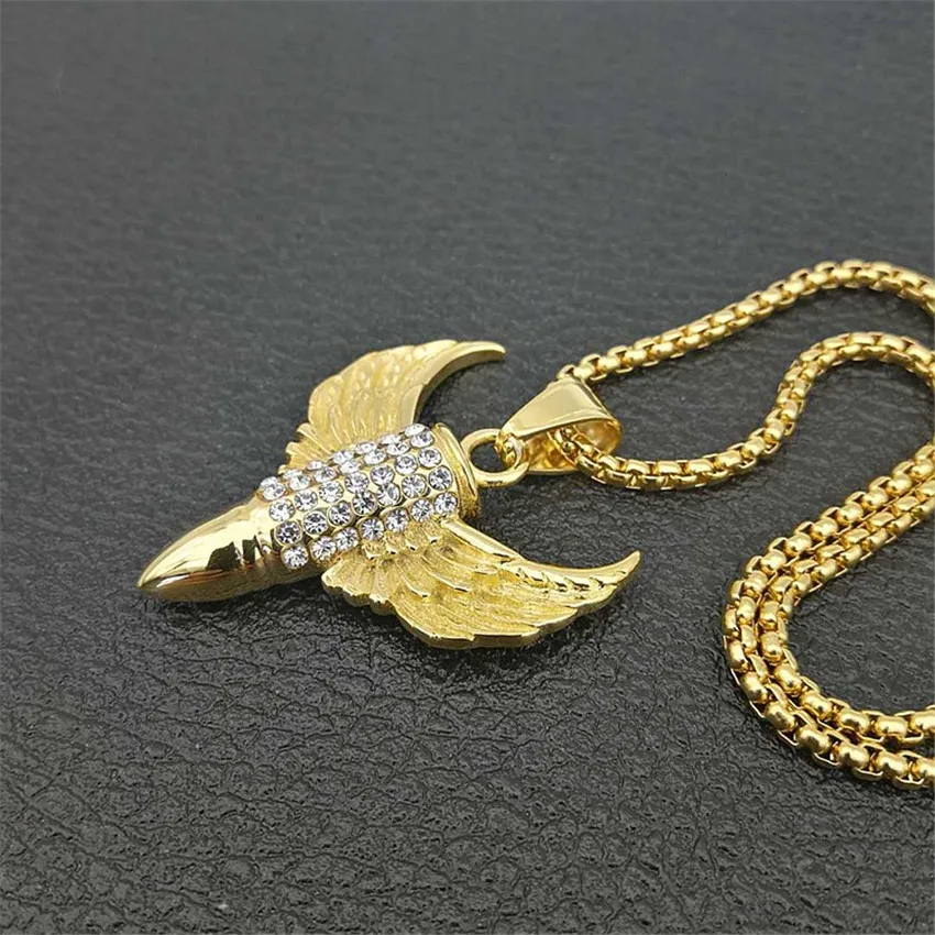 

Hip Hop Men's Necklace Male Gold Color Stainless Steel Iced Out Bling Bullet Pendant & Chains For Men/Women Jewelry
