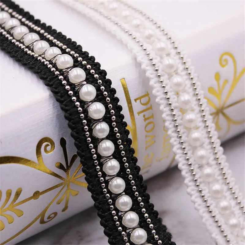 1yard Black and White Pearl Beaded Embroidered Lace Trim Ribbon Fabric Handmade DIY Costume Dress Sewing Supplies Craft 2cm wide | Дом и сад