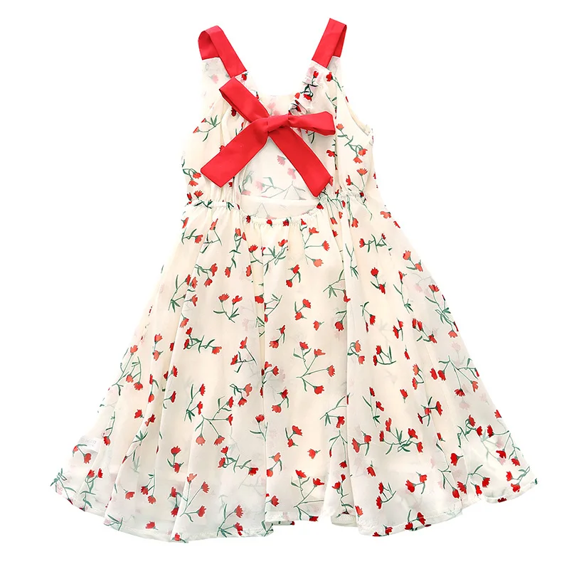 

Girl summer suspender dress Girl sleeveless chiffon dress Girl bow decorated princess dress Girl print cool dress