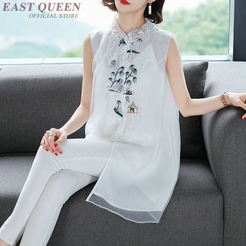 New Chiffon Blouse Embroidery White Shirts Stand Collar Short Sleeve Long Shirt Female Tunic Women Tops Summer TA1711