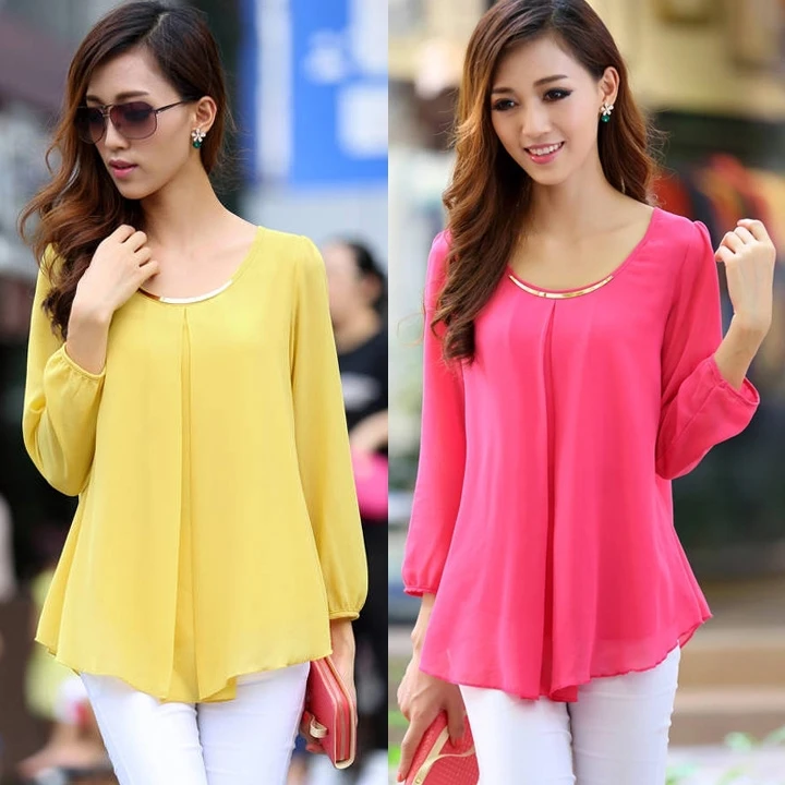 New CHIC 2015 Shirts Plus Size Casual Long Sleeve Chiffon Blouse For Women Blusas Sequined O-neck Blouses Yellow Rose SV007480 |