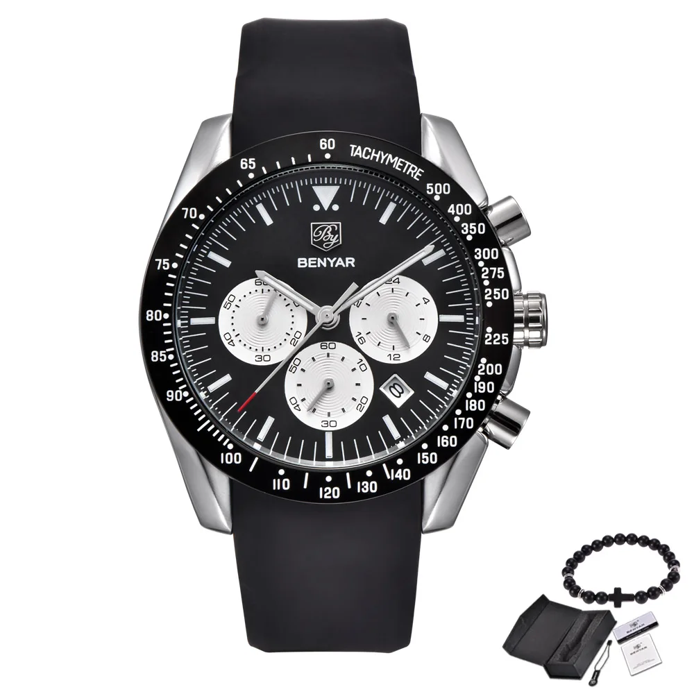 Sil black white Топ люксовый бренд BENYAR мужские часы спортивные бизнес Стальные кварцевые часы повседневные мужские наручные часы с хронографом Relogio Masculino - Цвет: Sil black white