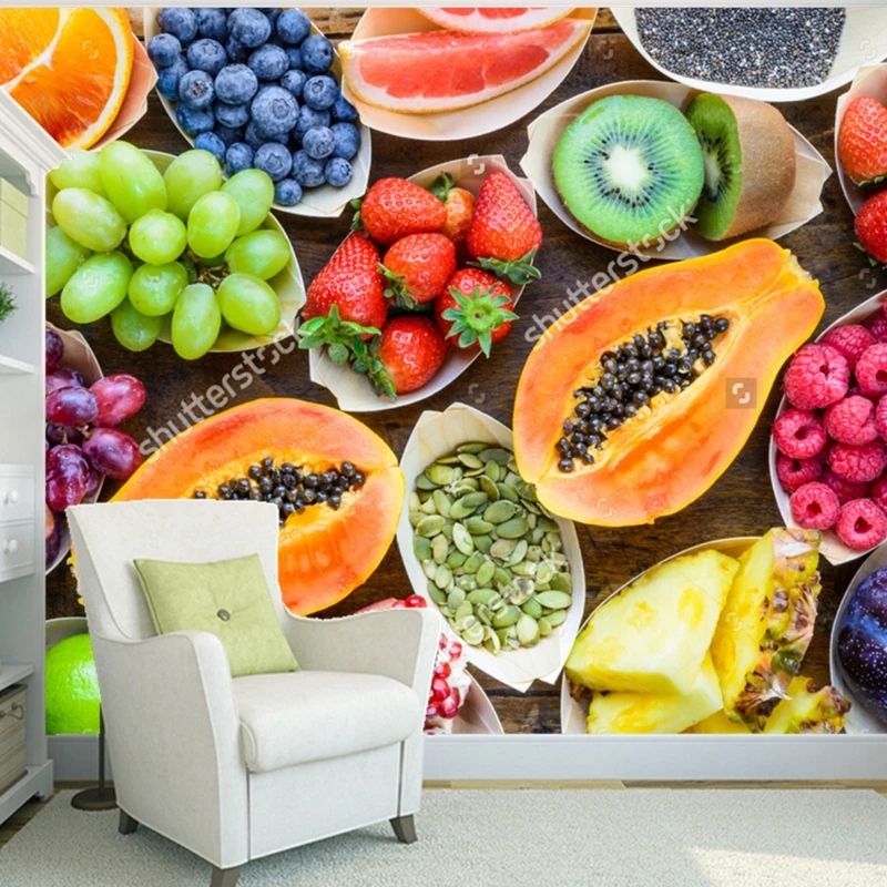 

Fruit wallpaper,Fruits, berries, nuts, seeds top view on wood,3D photo mural for kitchen store restaurant wall silk wallpaper