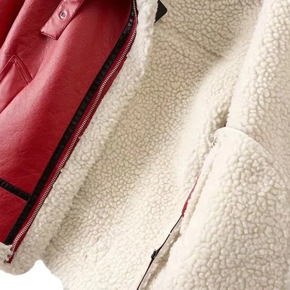 

Nice Autumn Women Fashion Red PU Jacket Slim Lapel Zipper Patchwork Girls Winter Office Lady Pop Sale High Quality Female Coat