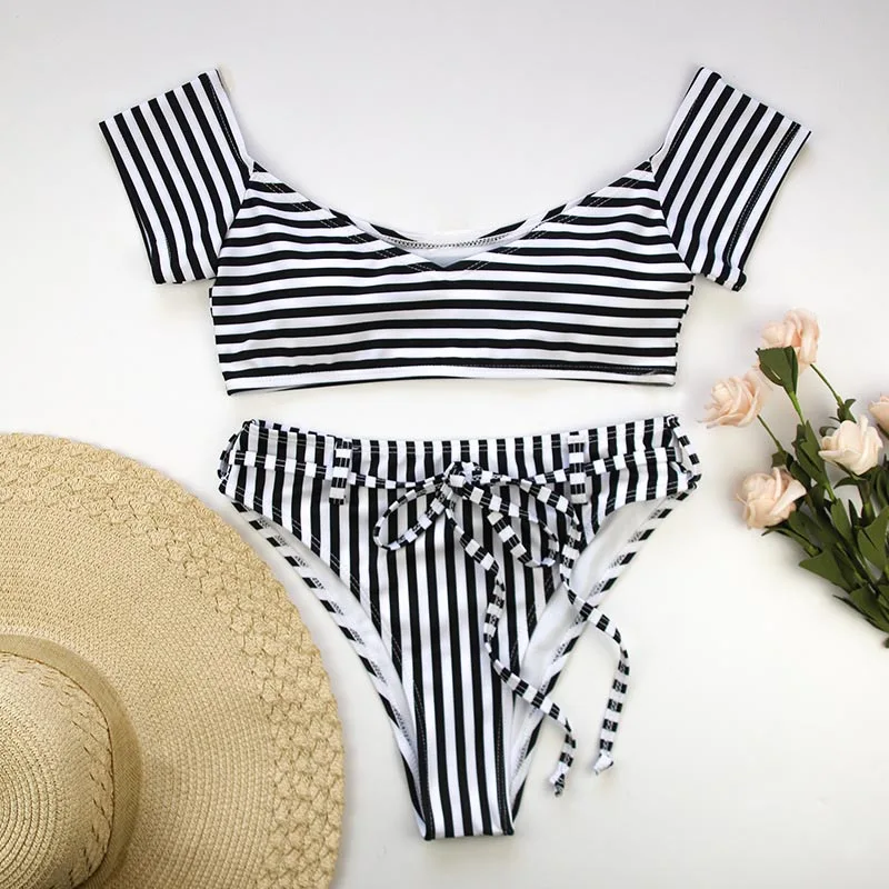 Полосатый бикини 2019 с короткими рукавами купальник женский высокой талией на