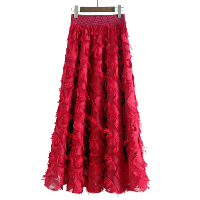 Autumn Winter Feather Tassel Skirts Ankle Length Chiffon Long Skirts For Women Elastic High Waist TuTu Skirt Saias